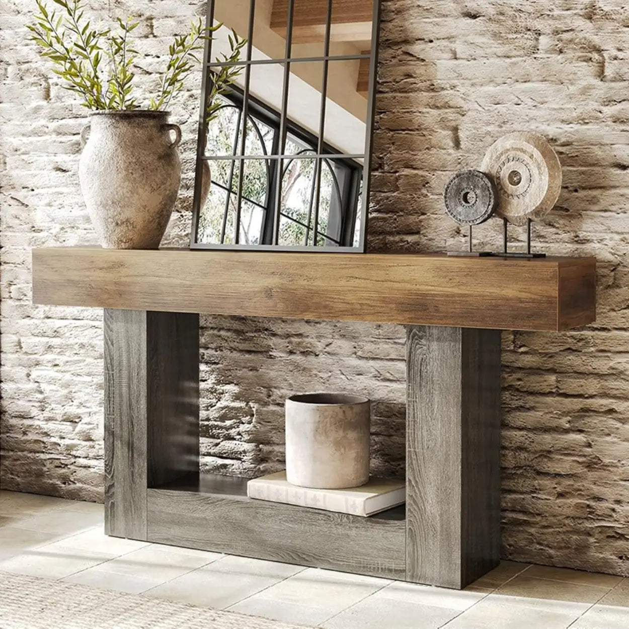 Rustic Wood Entryway Console Table with Floor Shelf — Brown