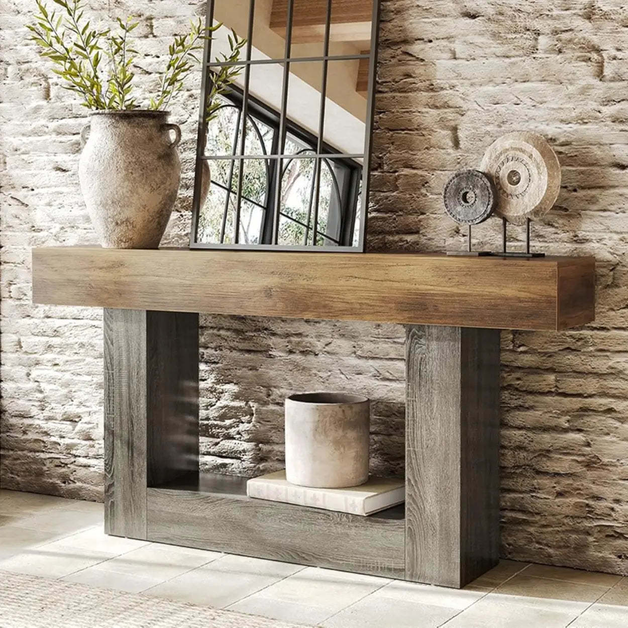 Rustic Wood Entryway Console Table with Floor Shelf — Brown