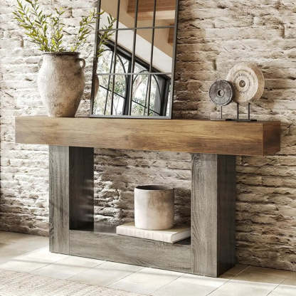 Rustic Wood Entryway Console Table with Floor Shelf — Brown