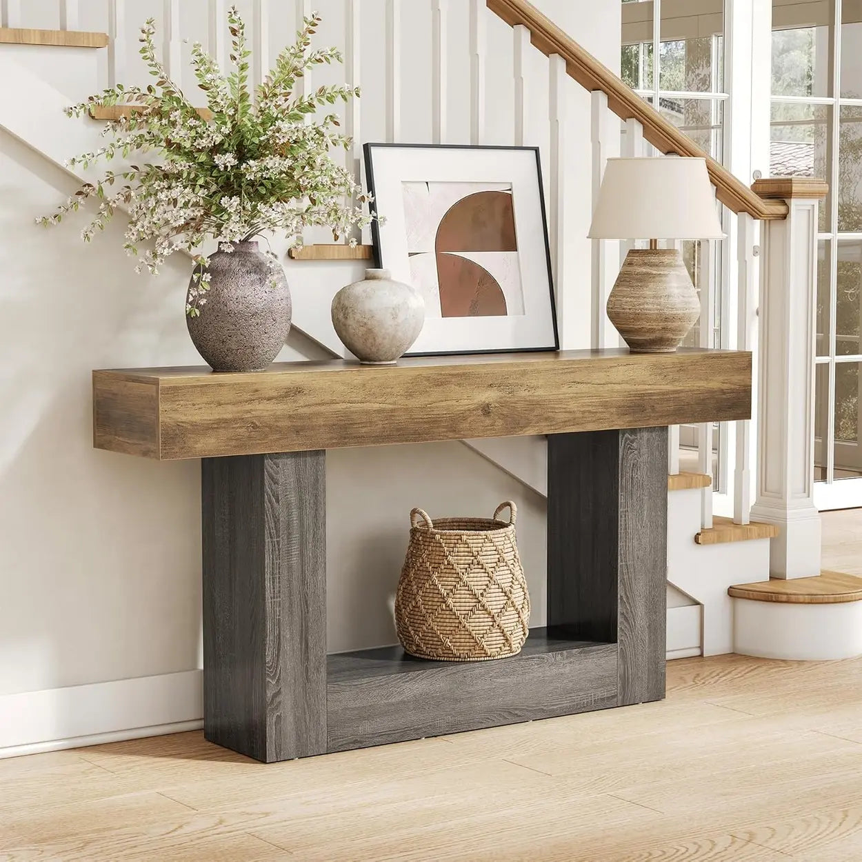 Rustic Wood Entryway Console Table with Floor Shelf — Brown