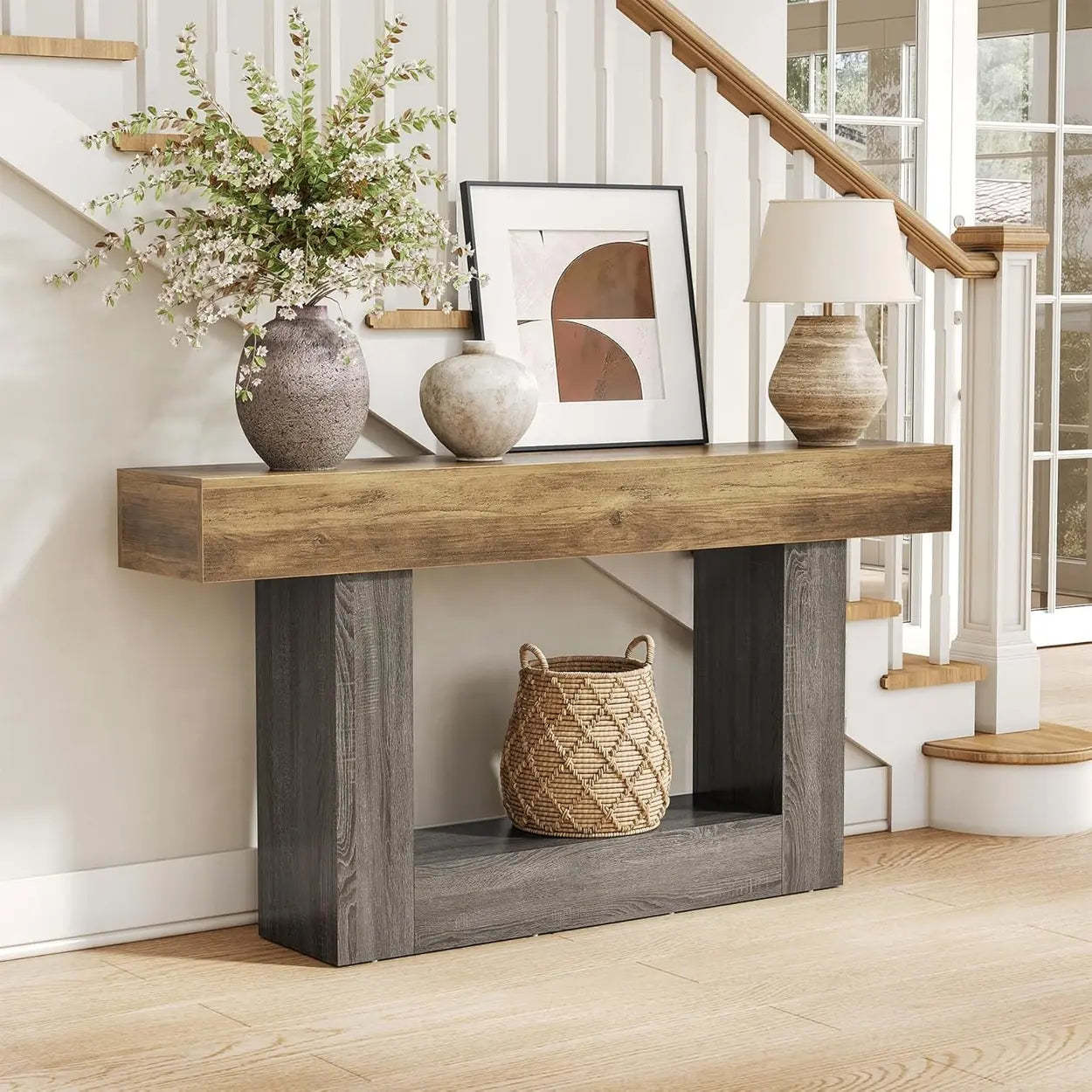 Rustic Wood Entryway Console Table with Floor Shelf — Brown