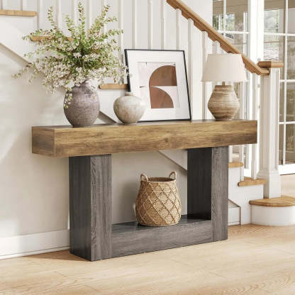 Rustic Wood Entryway Console Table with Floor Shelf — Brown