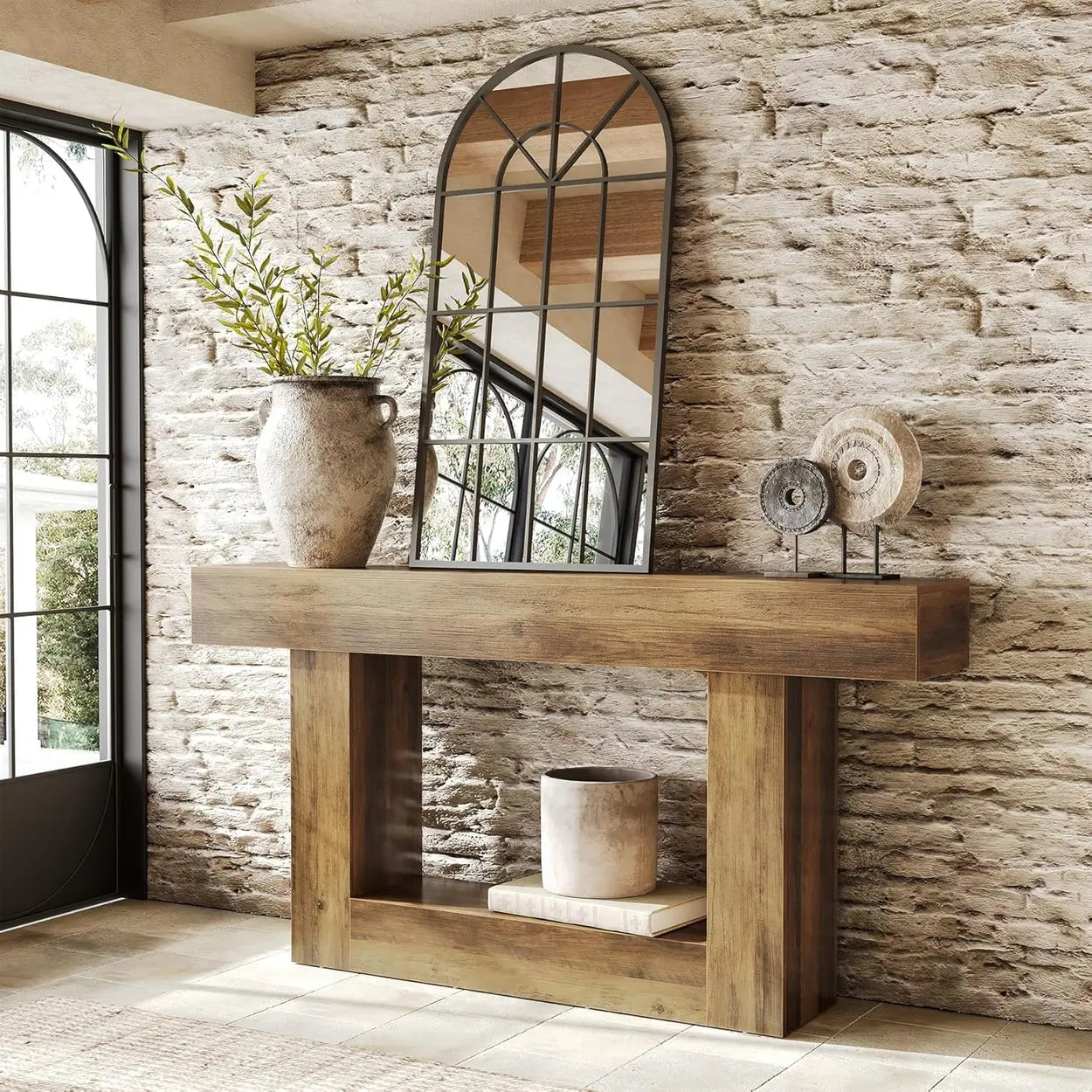 Rustic Wood Entryway Console Table with Floor Shelf — Light Brown