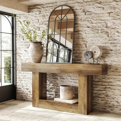 Rustic Wood Entryway Console Table with Floor Shelf — Light Brown