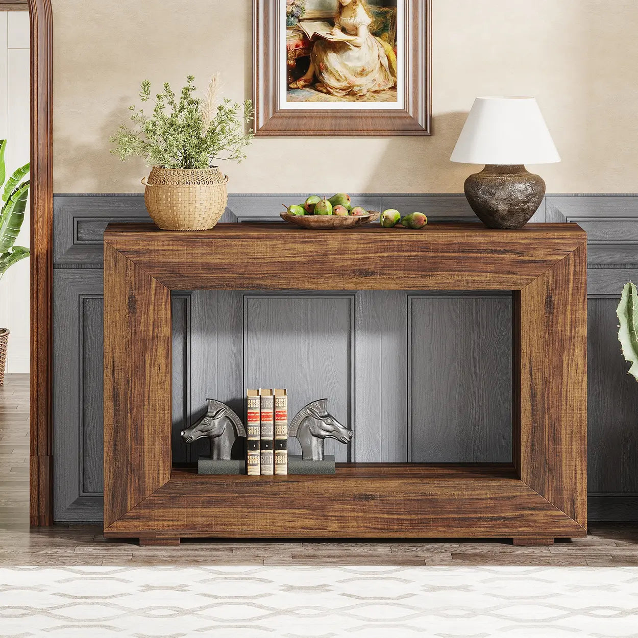 Rustic Wood Entryway Console Table with Floor Shelf — Light Brown
