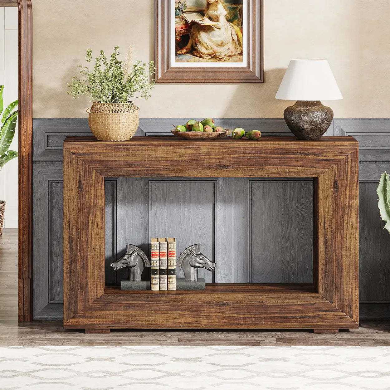 Rustic Wood Entryway Console Table with Floor Shelf — Light Brown