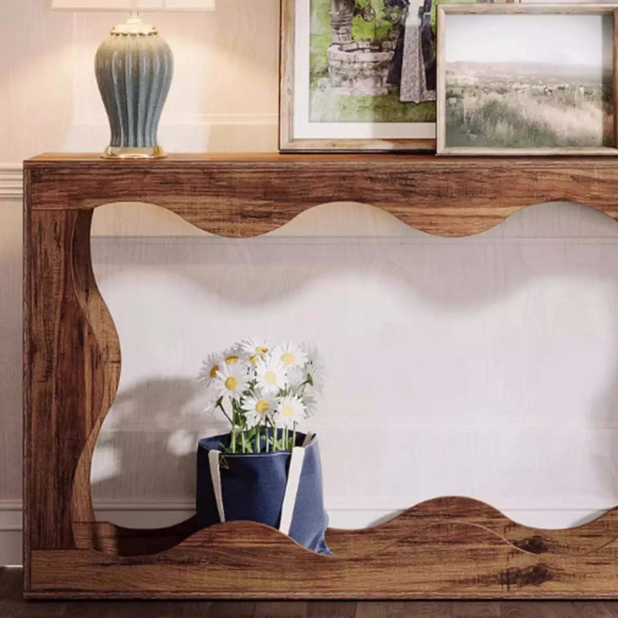 Rustic Wood Entryway Console Table with Floor Shelf