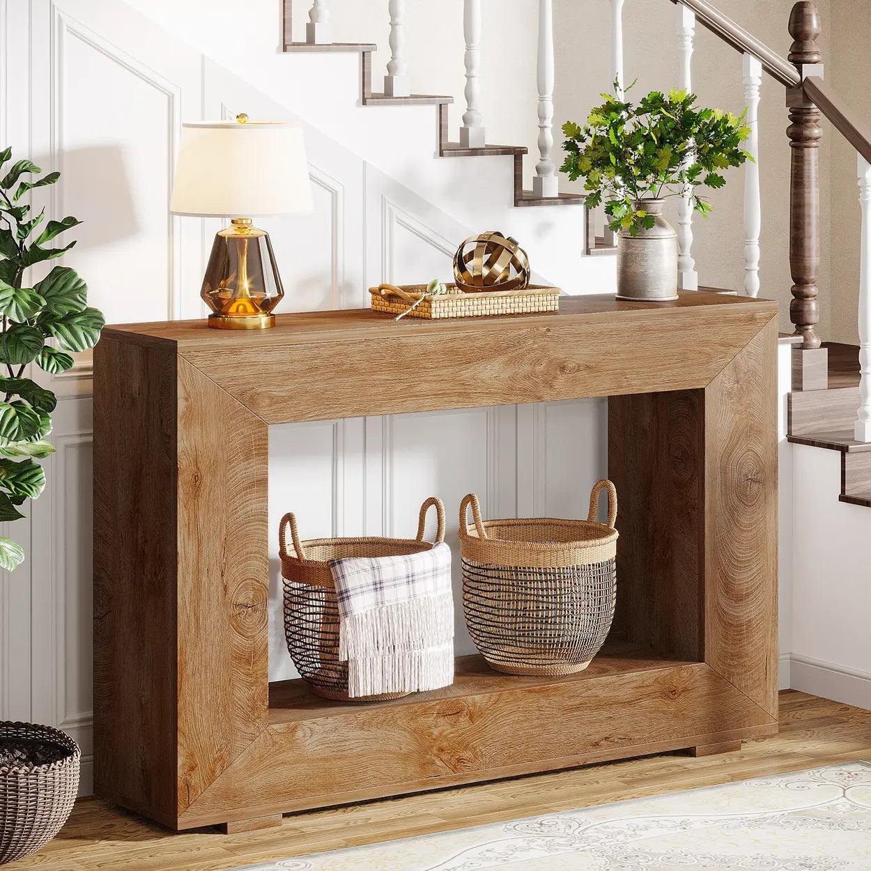 Rustic Wood Entryway Console Table with Floor Shelf