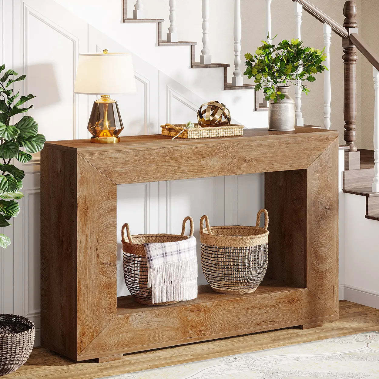 Rustic Wood Entryway Console Table with Floor Shelf