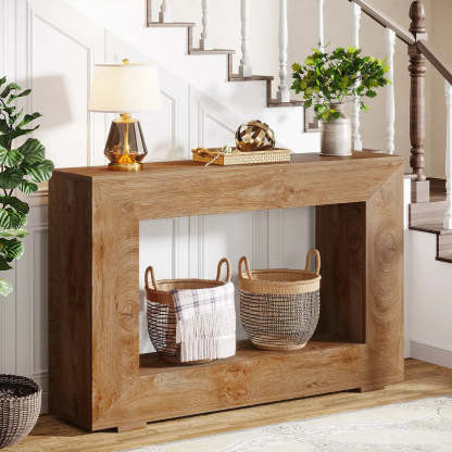Rustic Wood Entryway Console Table with Floor Shelf