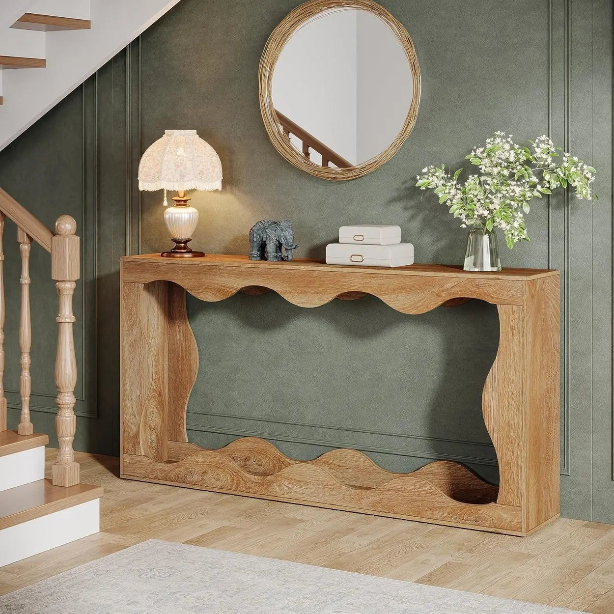 Rustic Wood Entryway Console Table with Floor Shelf