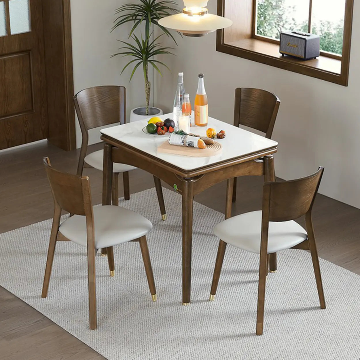 Rustic White Stone Wood Drop-Leaf Dining Table