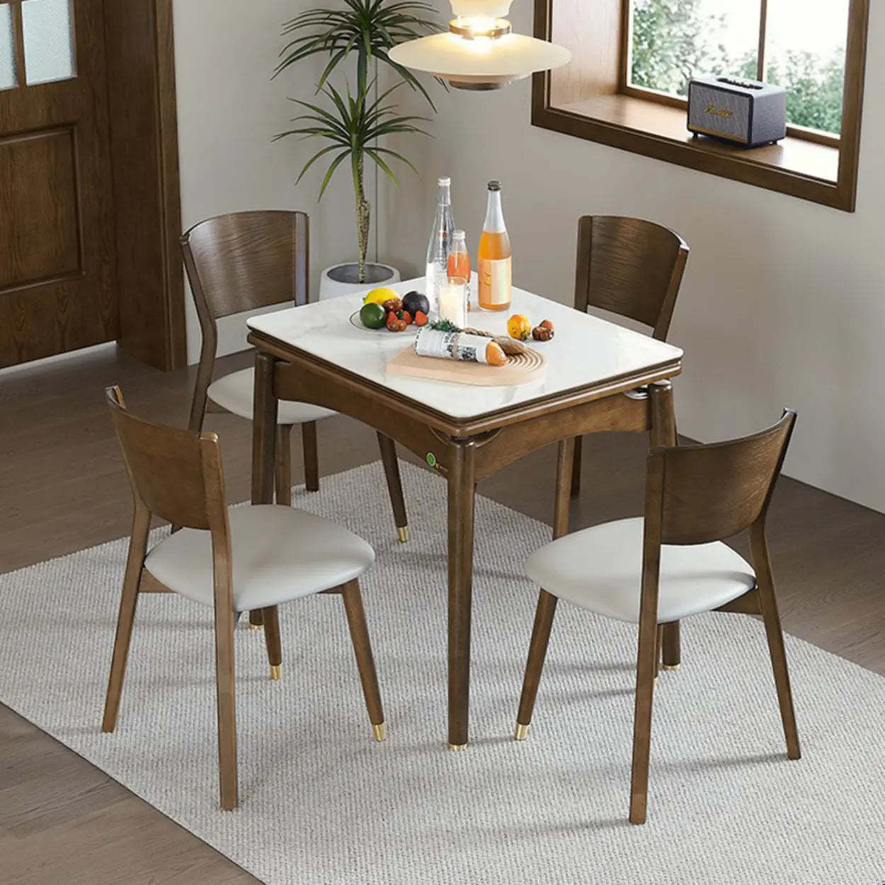 Rustic White Stone Wood Drop-Leaf Dining Table