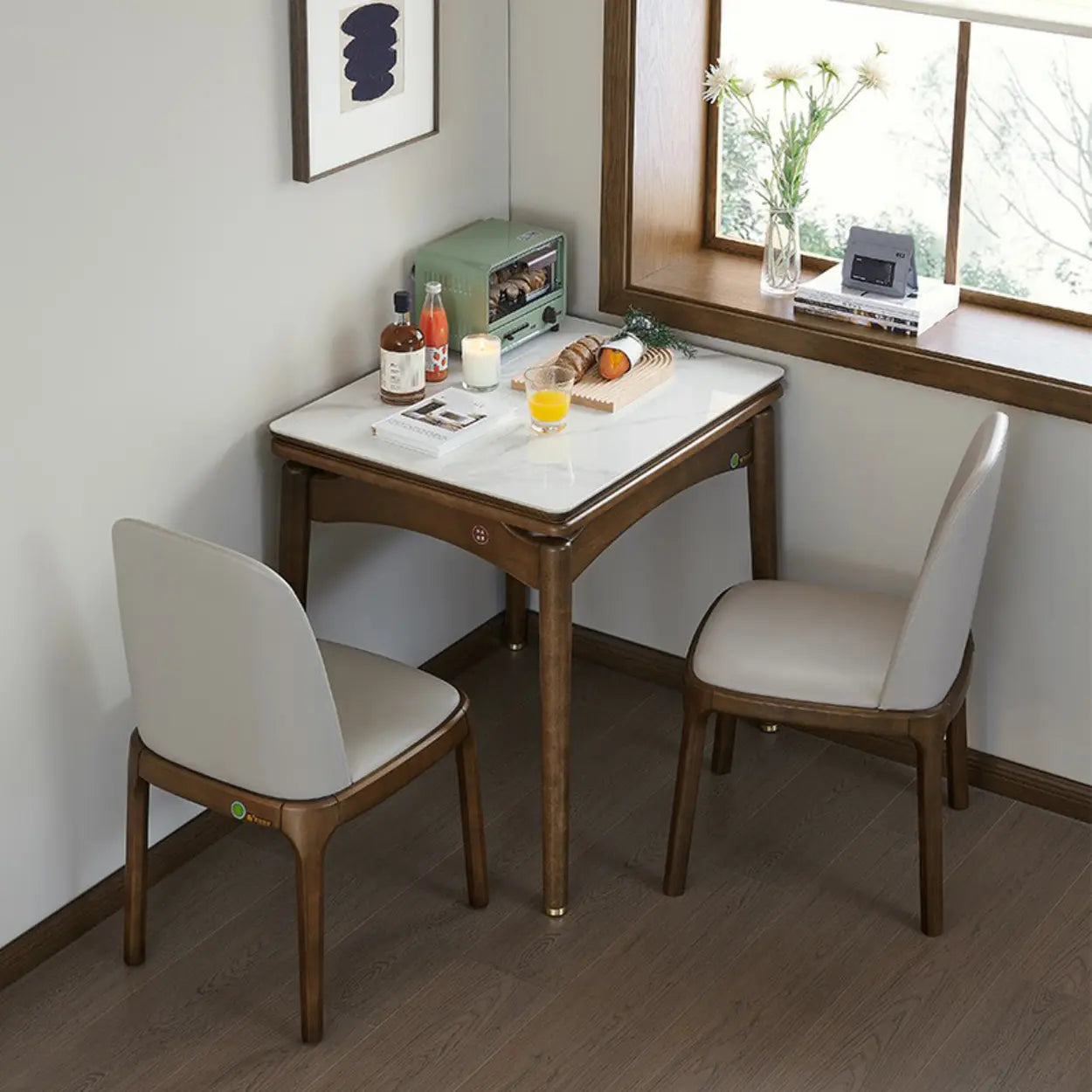 Rustic White Stone Wood Drop-Leaf Dining Table