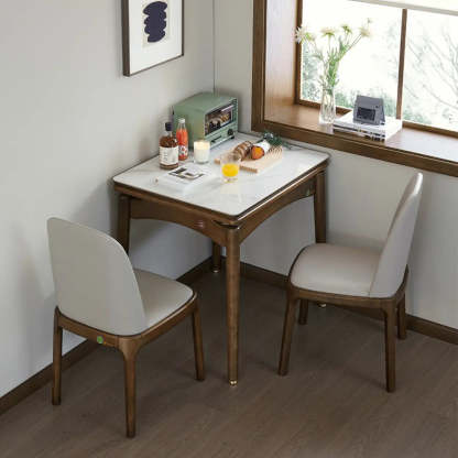 Rustic White Stone Wood Drop-Leaf Dining Table