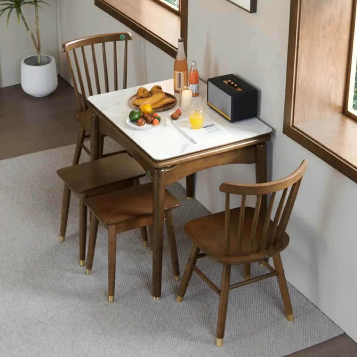 Rustic White Stone Wood Drop-Leaf Dining Table