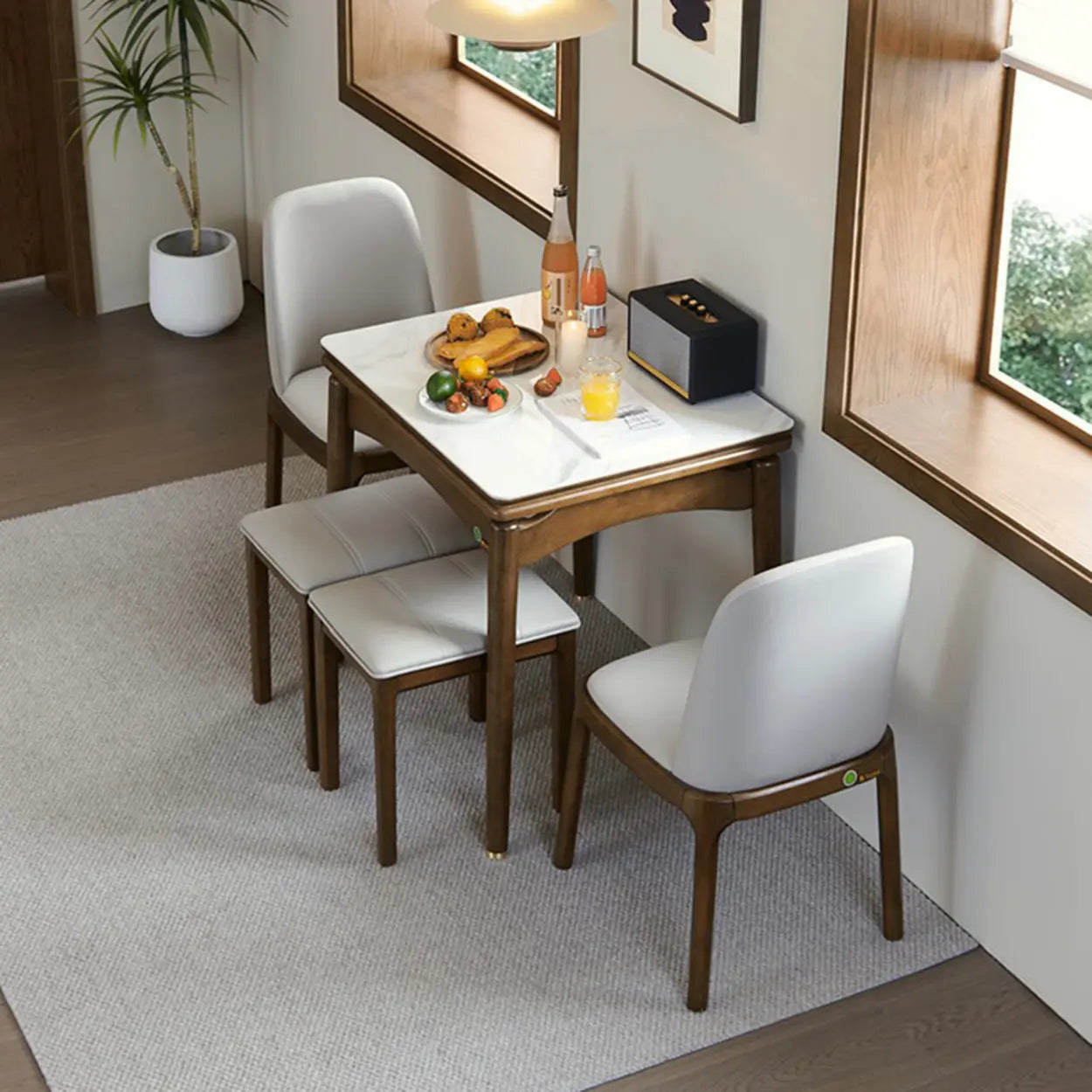 Rustic White Stone Wood Drop-Leaf Dining Table