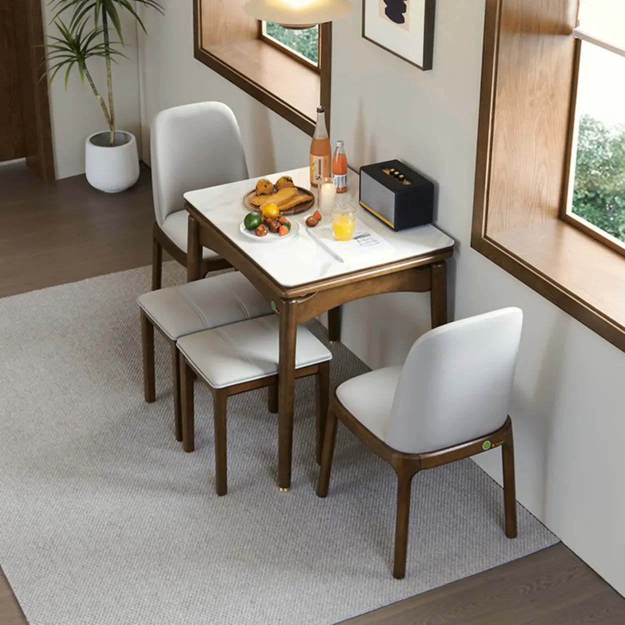 Rustic White Stone Wood Drop-Leaf Dining Table