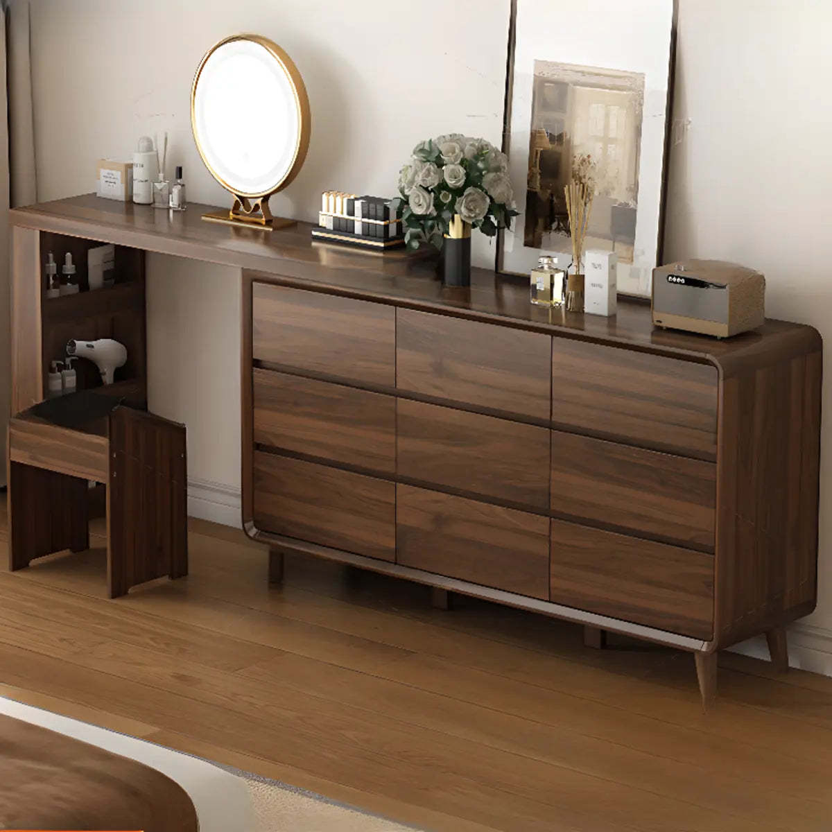 Rustic Rectangular Wood Mirror Scalable Vanity Set — 6 / Makeup Vanity & Stool