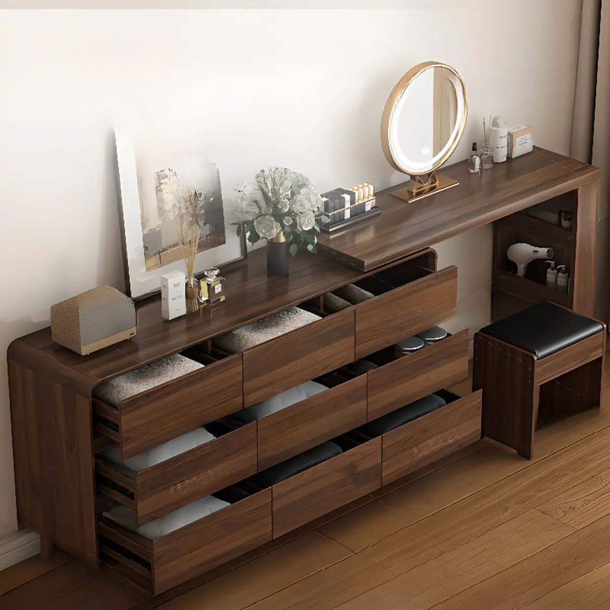 Rustic Rectangular Wood Mirror Scalable Vanity Set — 9 / Makeup Vanity & Stool