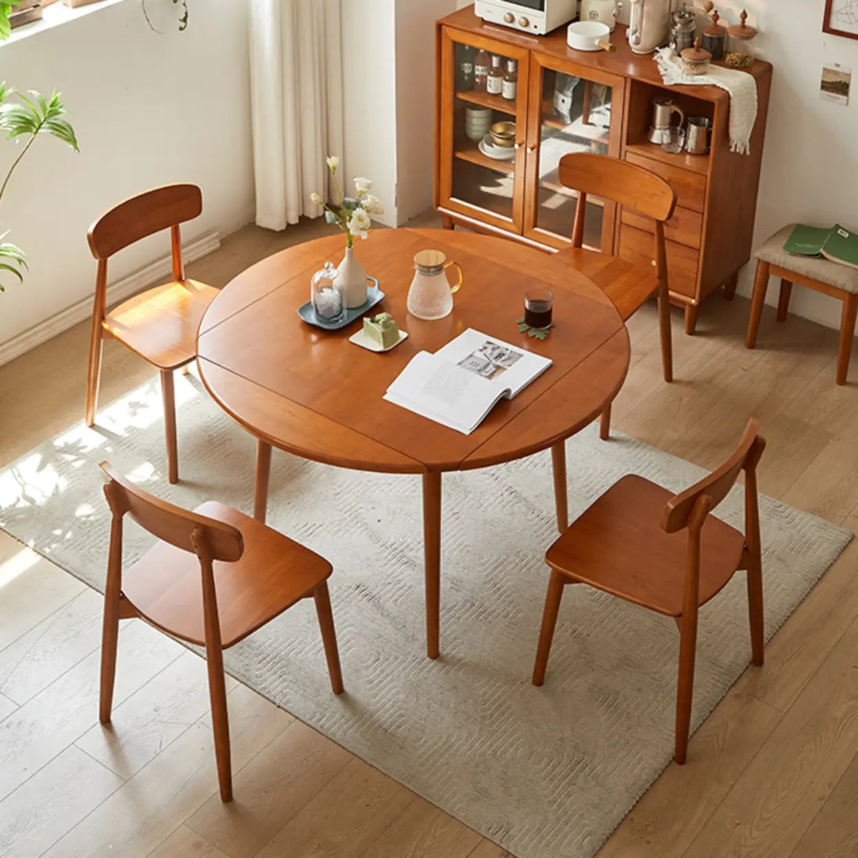 Rustic Round Natural Rubberwood Extendable Dining Table
