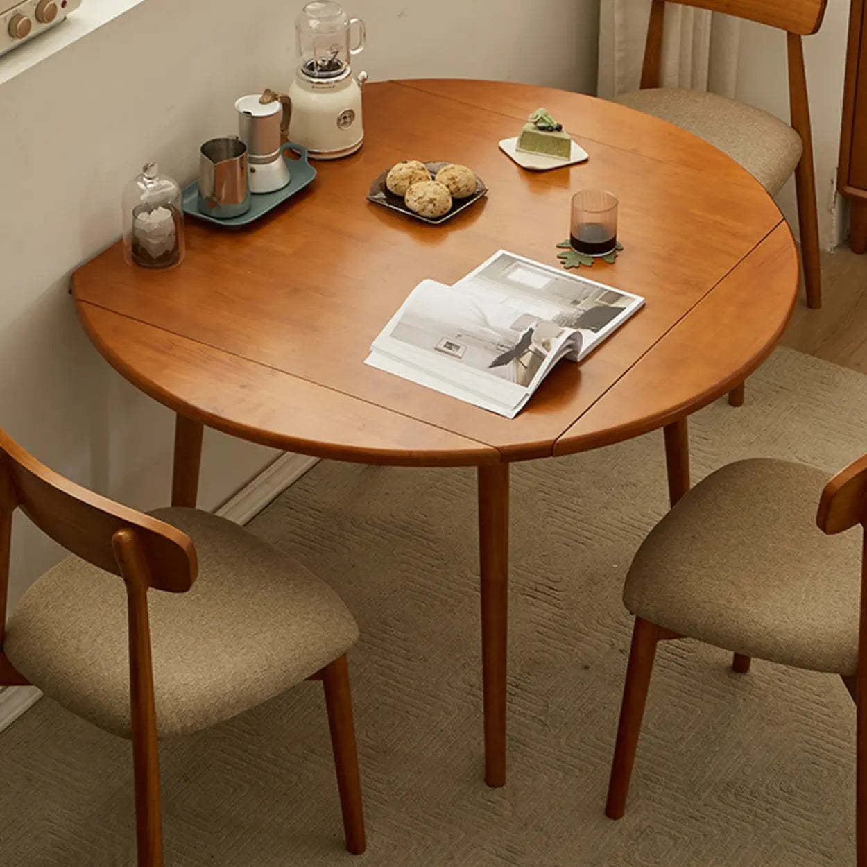 Rustic Round Natural Rubberwood Extendable Dining Table