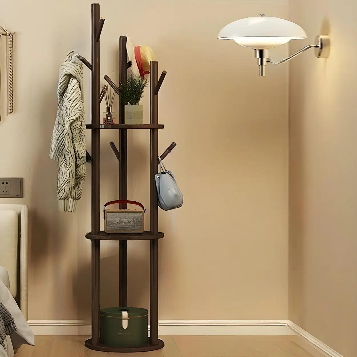 Rustic Round Wood Hall Tree with Hooks