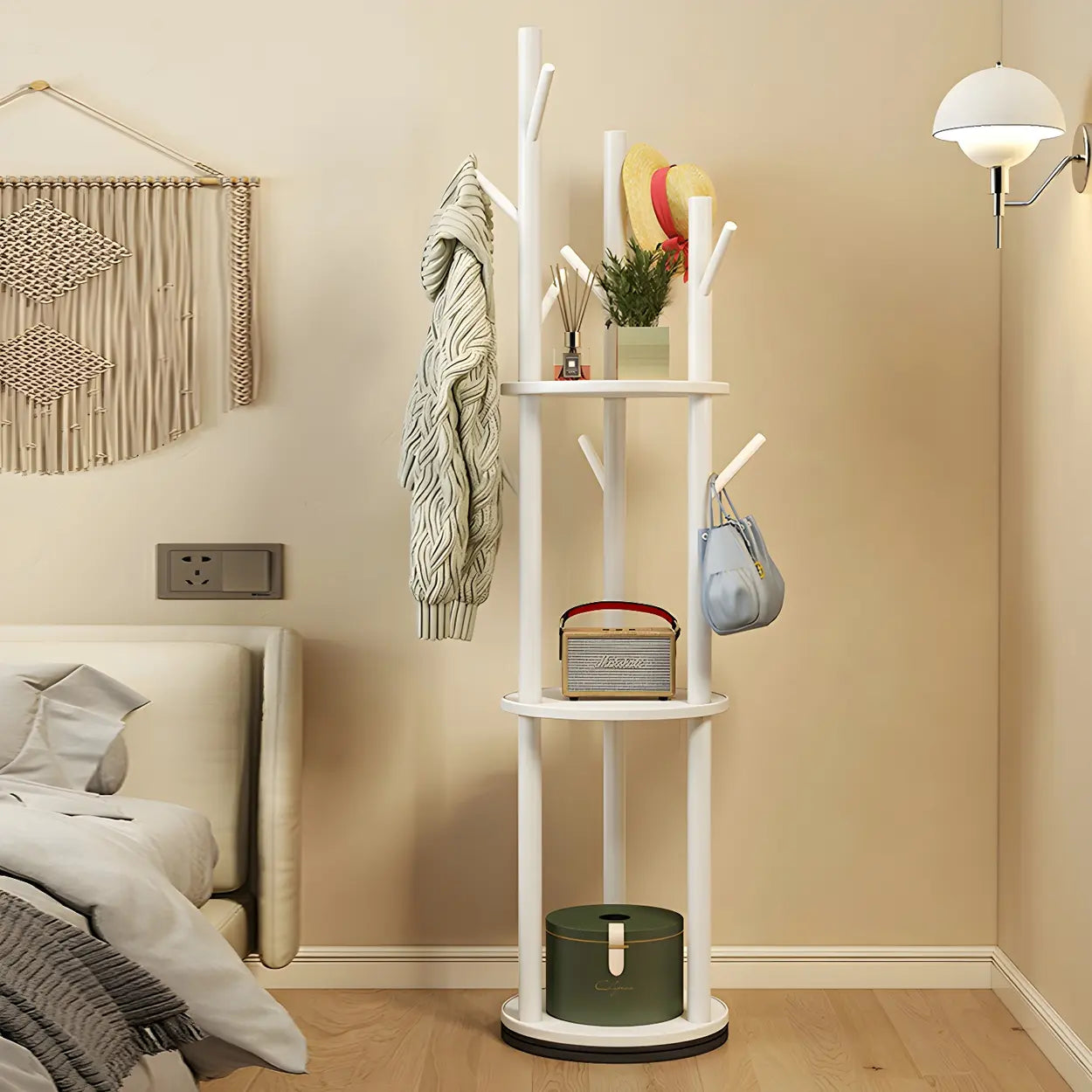 Rustic Round Wood Hall Tree with Hooks — White / Non-Rotatable