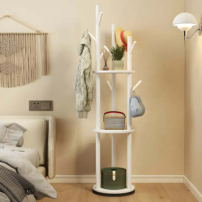Rustic Round Wood Hall Tree with Hooks — White / Non-Rotatable