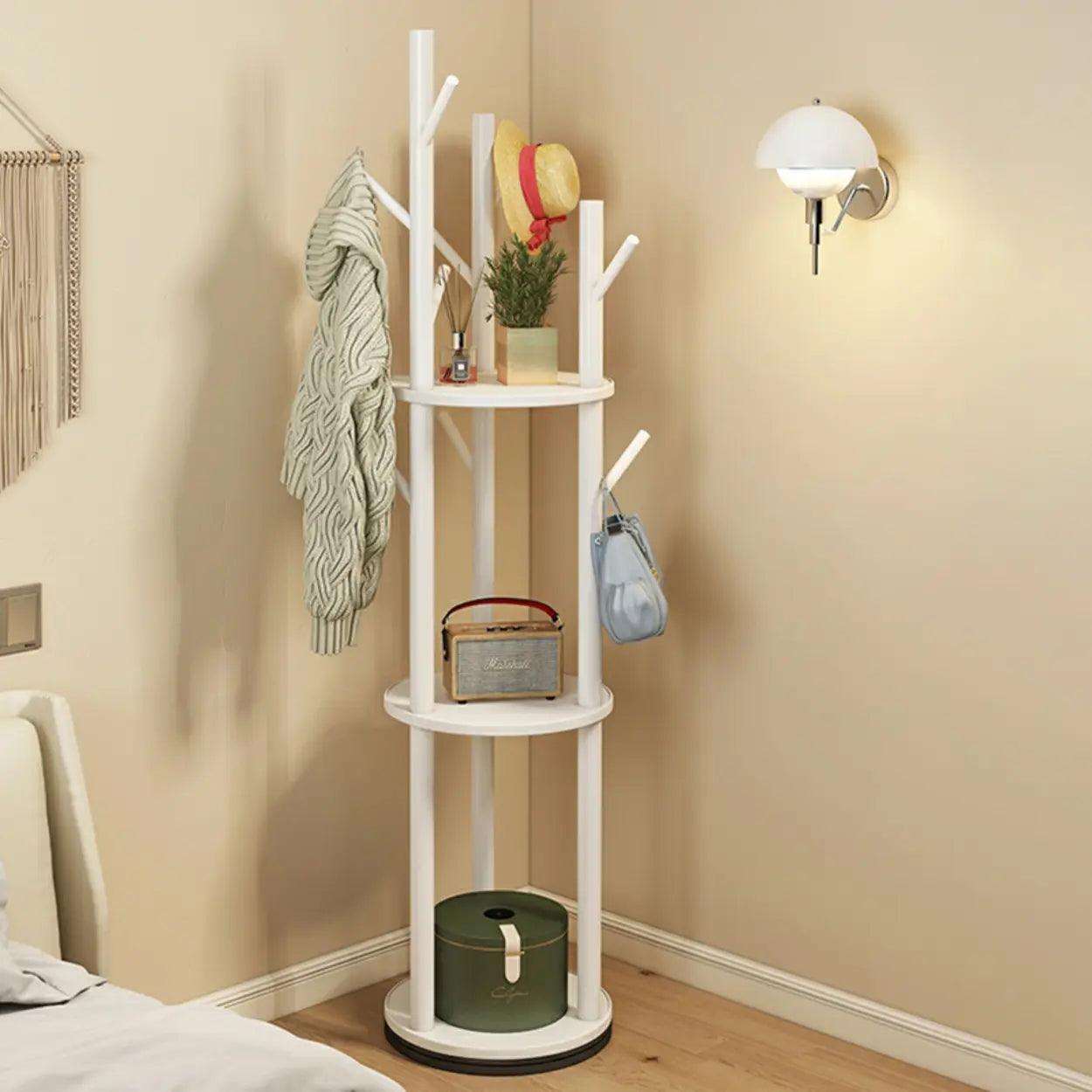 Rustic Round Wood Hall Tree with Hooks — Natural Finish / Rotatable