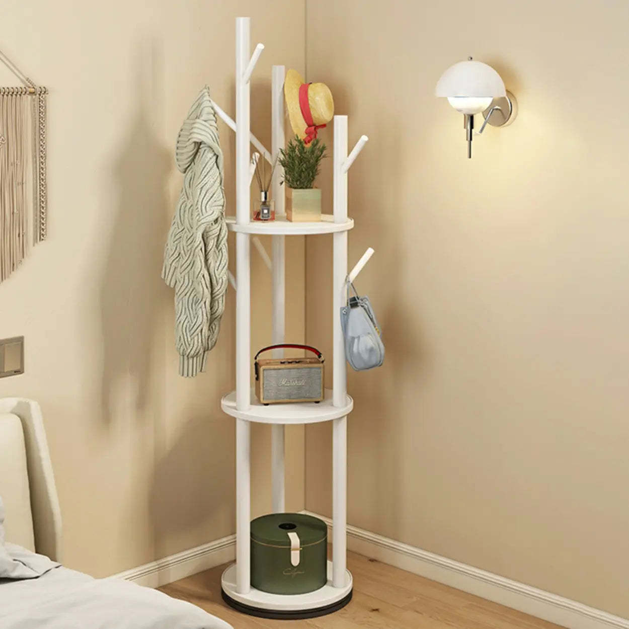 Rustic Round Wood Hall Tree with Hooks — Natural Finish / Rotatable