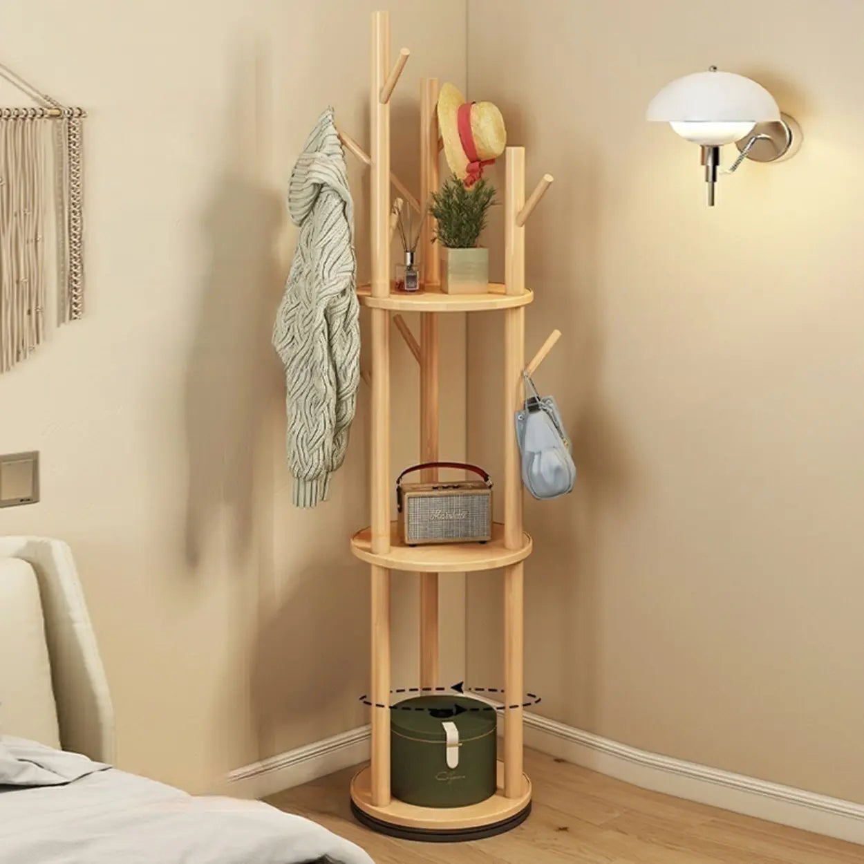 Rustic Round Wood Hall Tree with Hooks — Natural Finish / Non-Rotatable