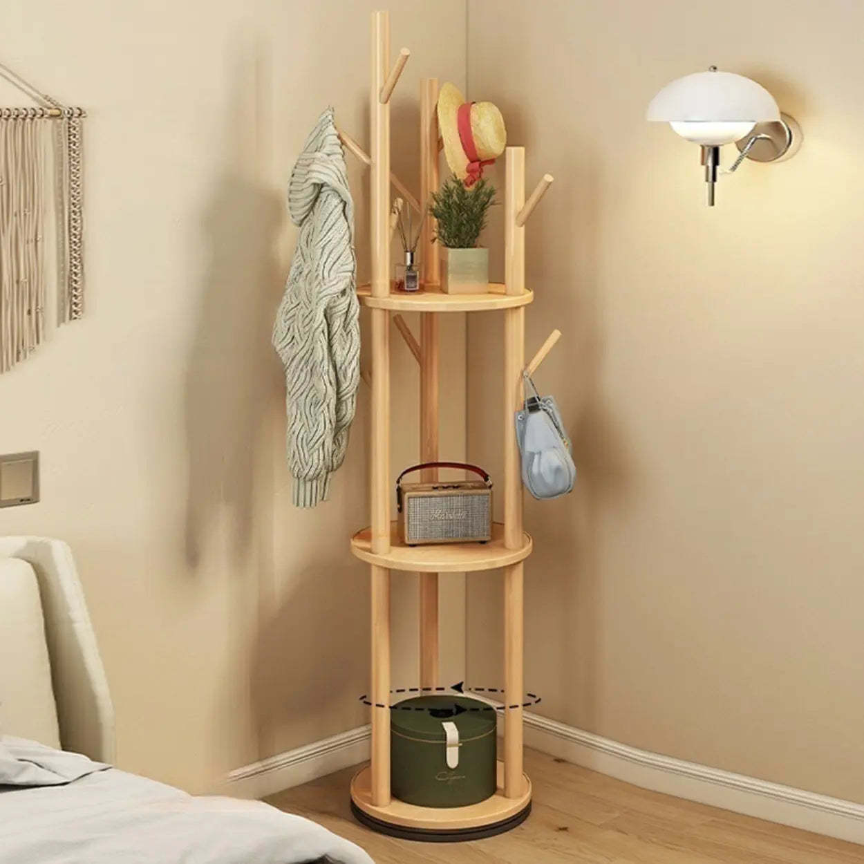 Rustic Round Wood Hall Tree with Hooks — Natural Finish / Non-Rotatable
