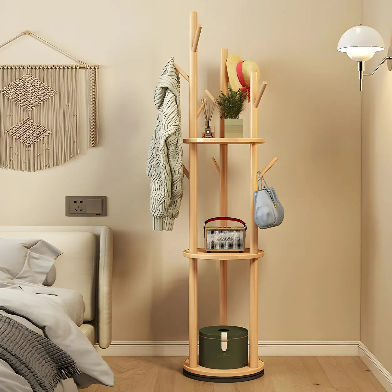 Rustic Round Wood Hall Tree with Hooks — Nut-Brown / Rotatable
