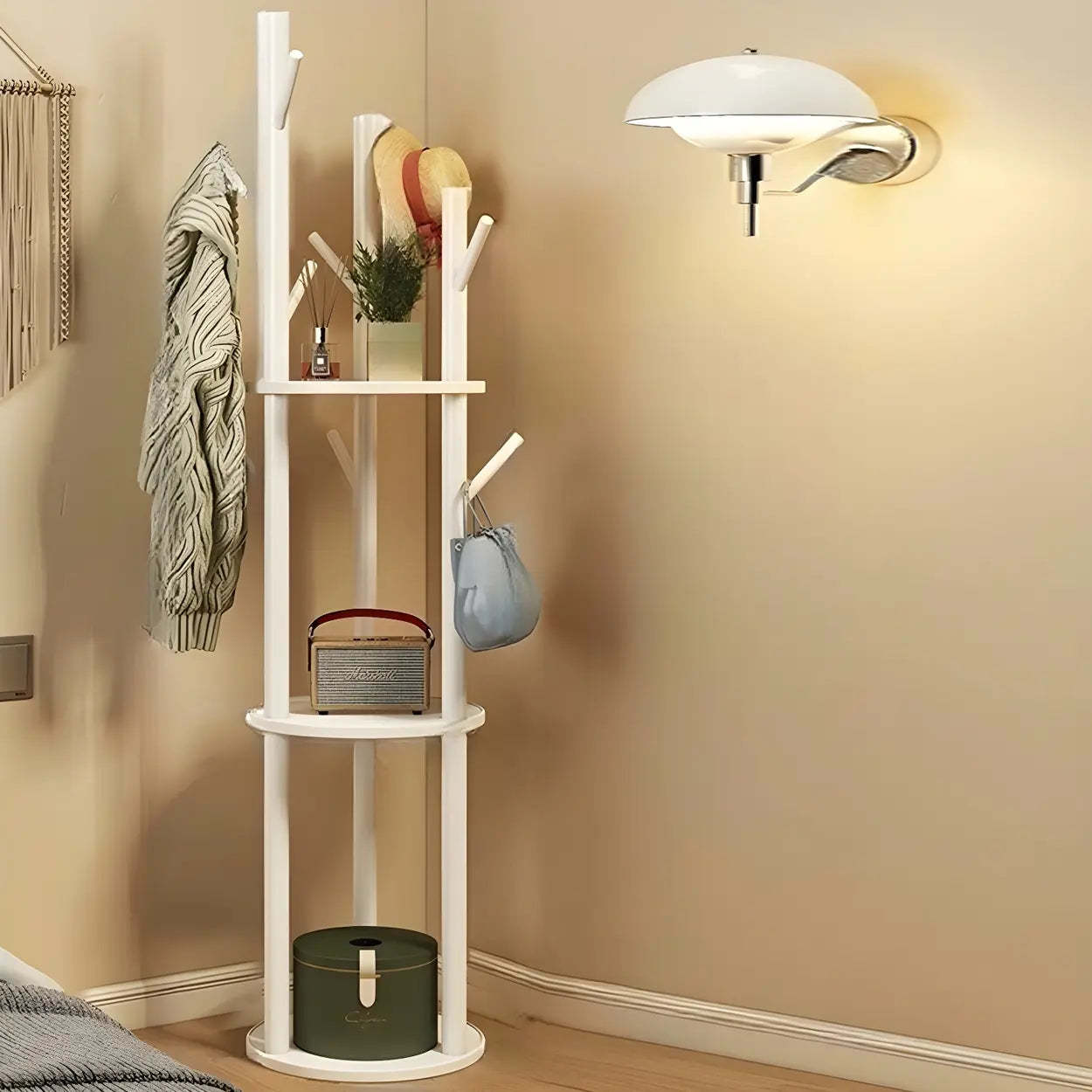 Rustic Round Wood Hall Tree with Hooks