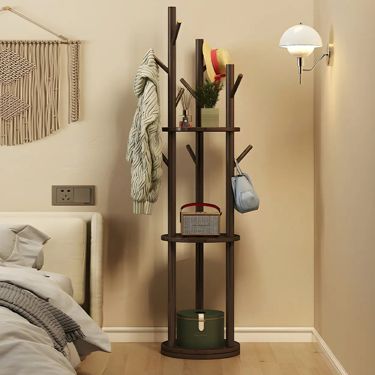 Rustic Round Wood Hall Tree with Hooks — Nut-Brown / Non-Rotatable