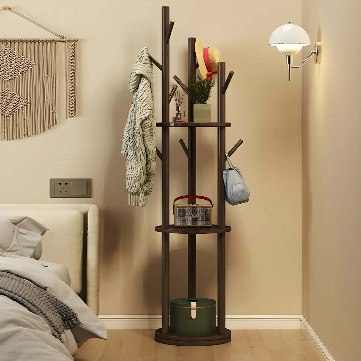 Rustic Round Wood Hall Tree with Hooks — Nut-Brown / Non-Rotatable