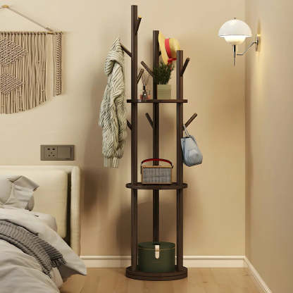 Rustic Round Wood Hall Tree with Hooks — Nut-Brown / Non-Rotatable