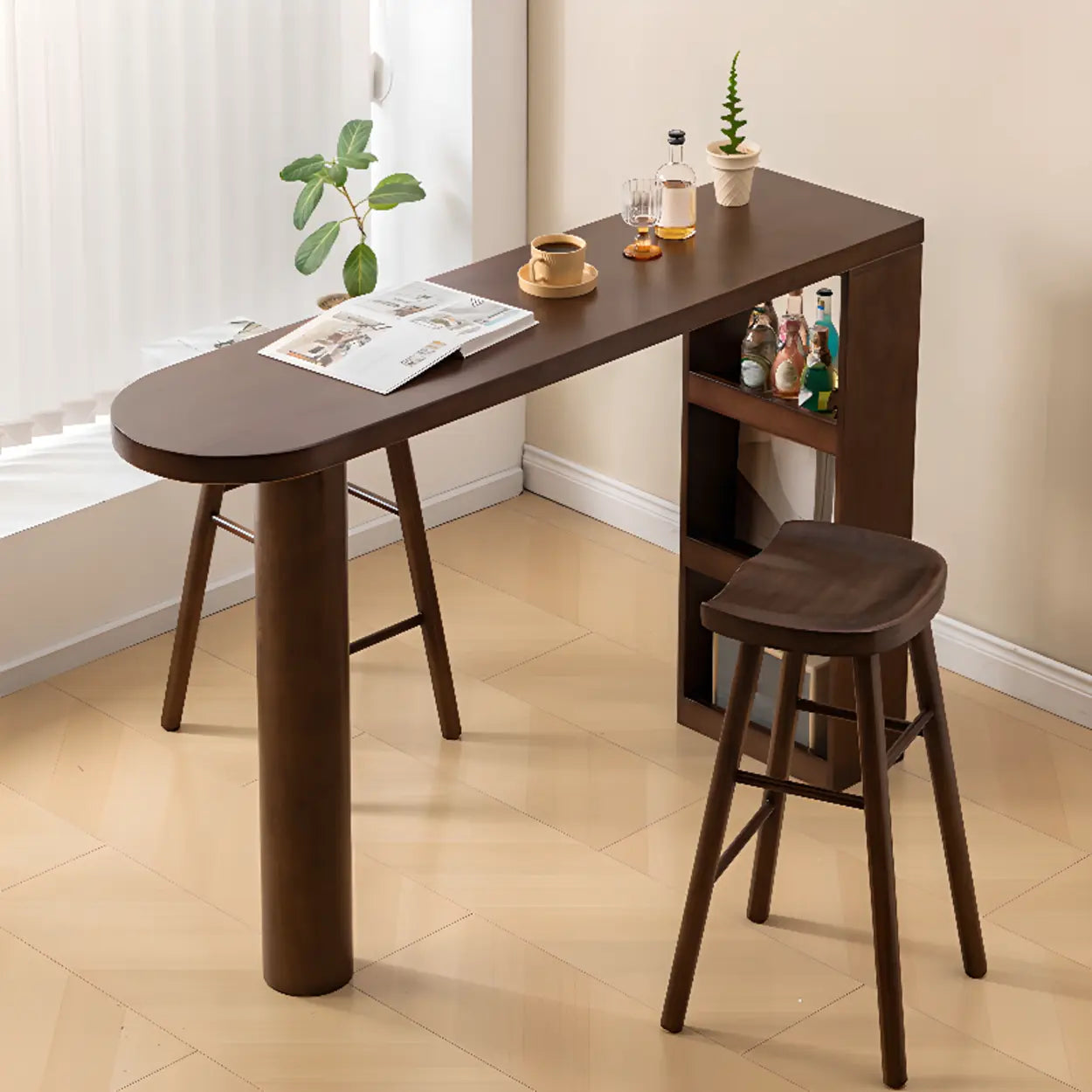 Rustic Slim Dark Brown Oval Bar Table with Shelf