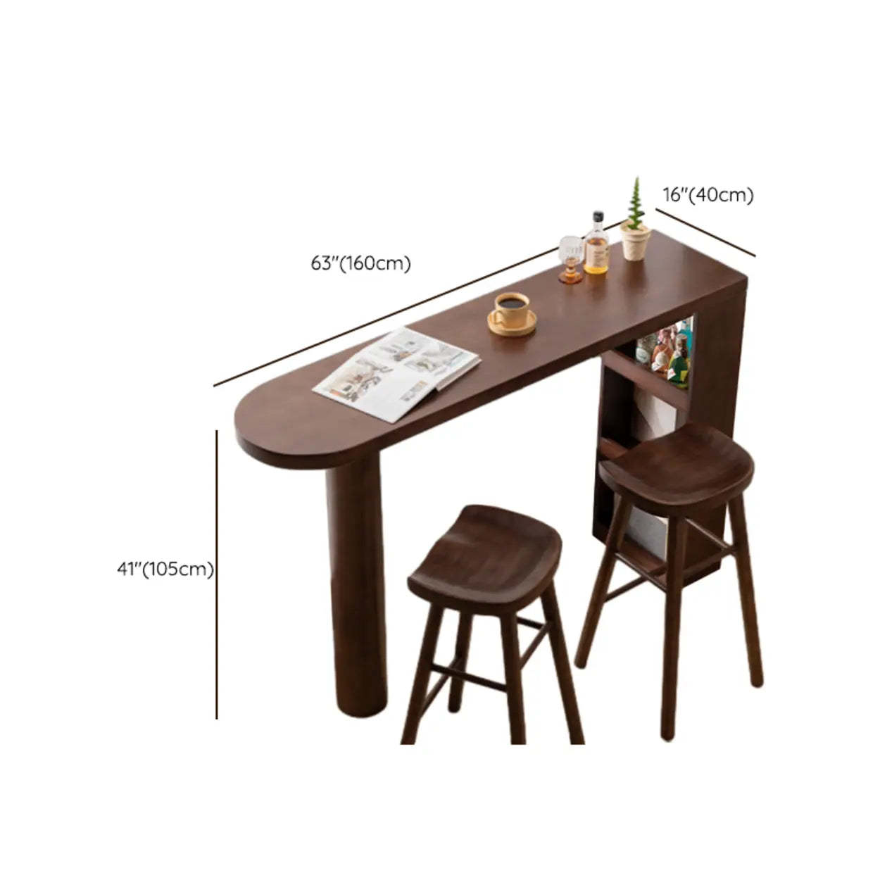 Rustic Slim Dark Brown Oval Bar Table with Shelf