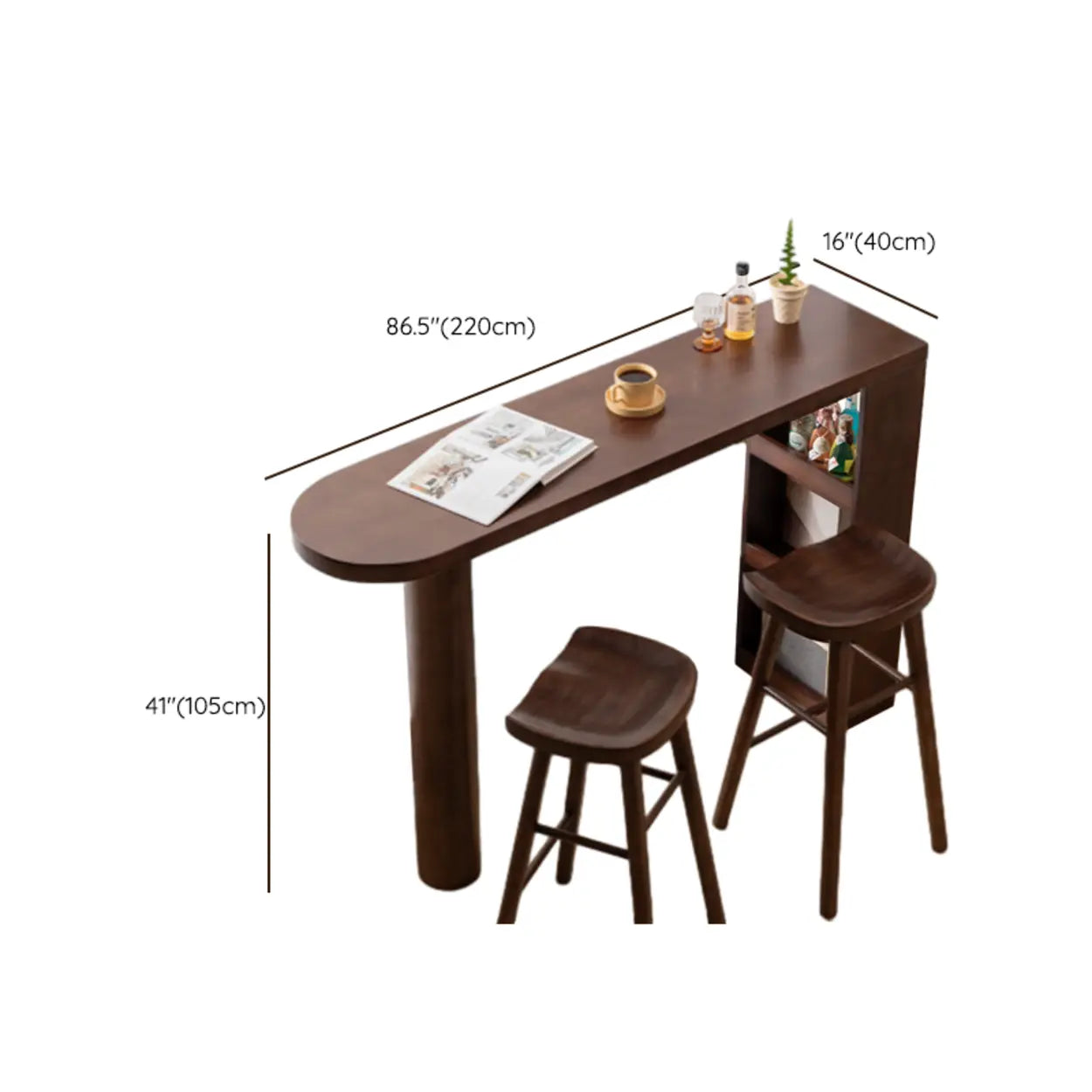 Rustic Slim Dark Brown Oval Bar Table with Shelf