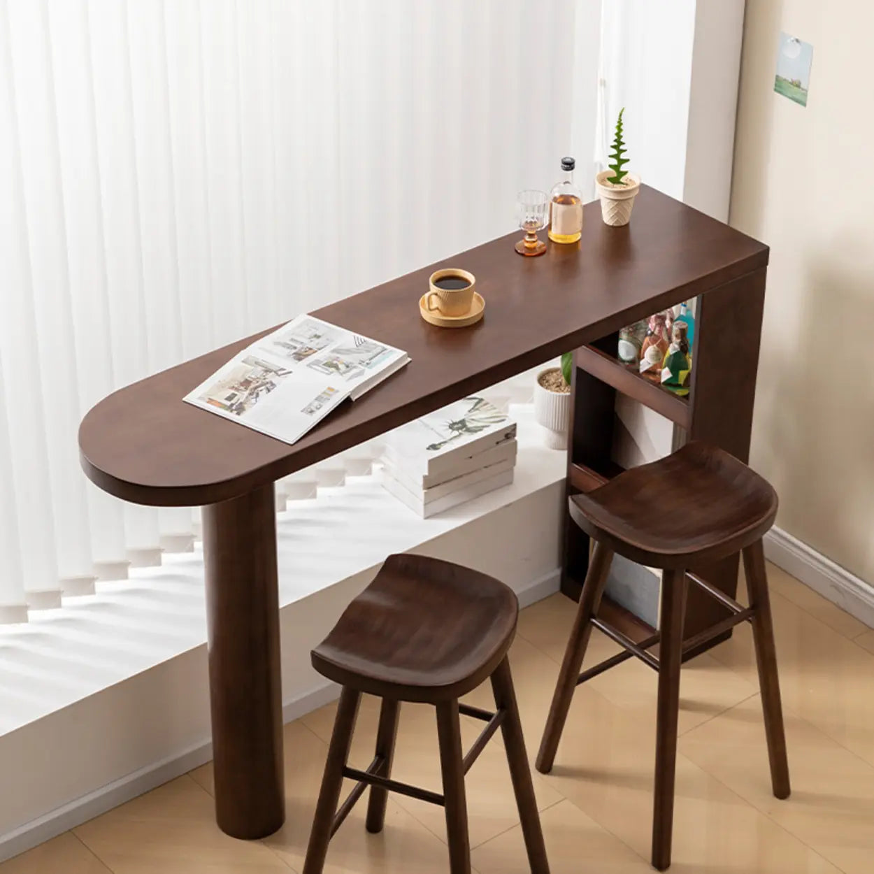 Rustic Slim Dark Brown Oval Bar Table with Shelf — Table Only