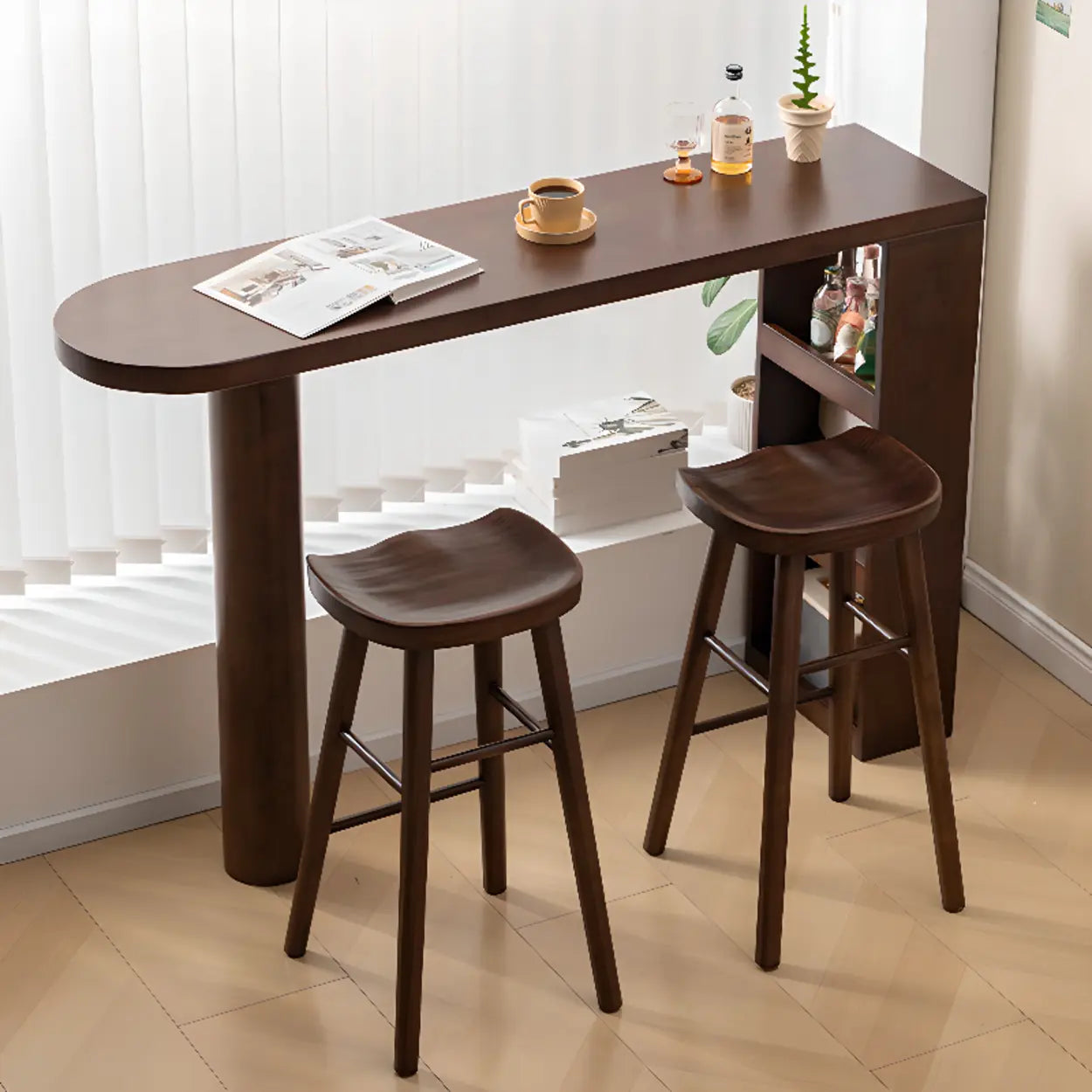 Rustic Slim Dark Brown Oval Bar Table with Shelf — Table Only