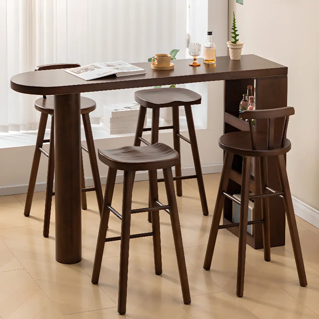 Rustic Slim Dark Brown Oval Bar Table with Shelf — Table Only