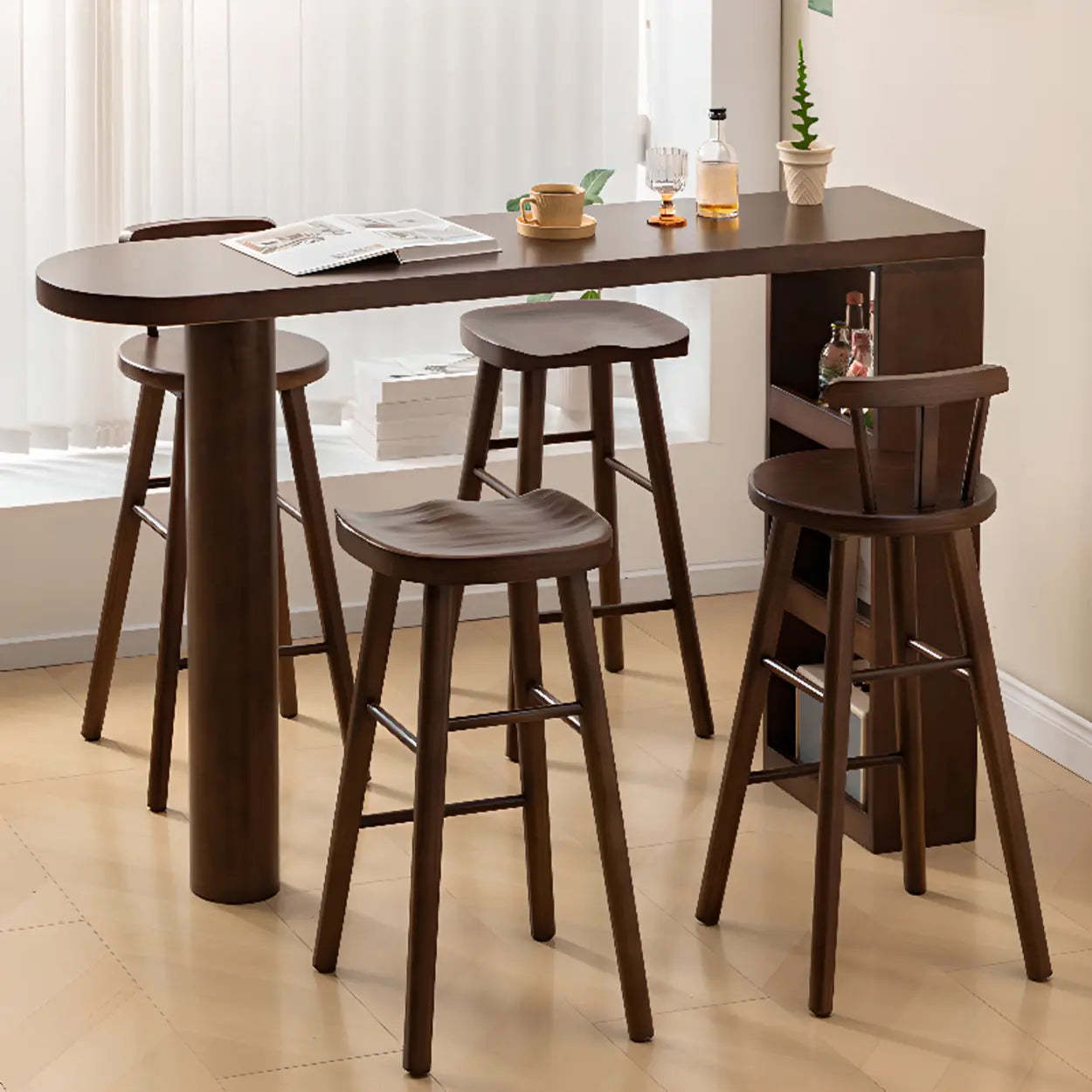 Rustic Slim Dark Brown Oval Bar Table with Shelf — Table Only
