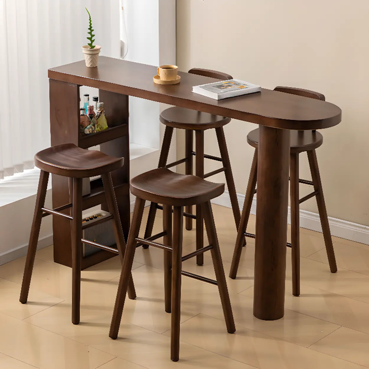 Rustic Slim Dark Brown Oval Bar Table with Shelf — Table Only