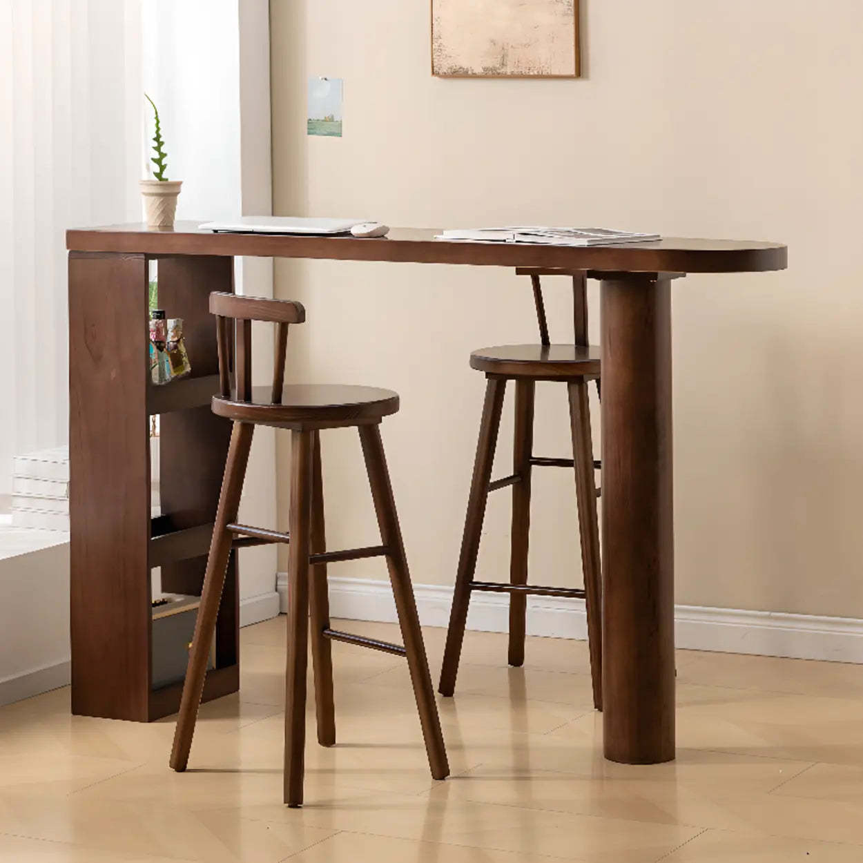Rustic Slim Dark Brown Oval Bar Table with Shelf — Table Only