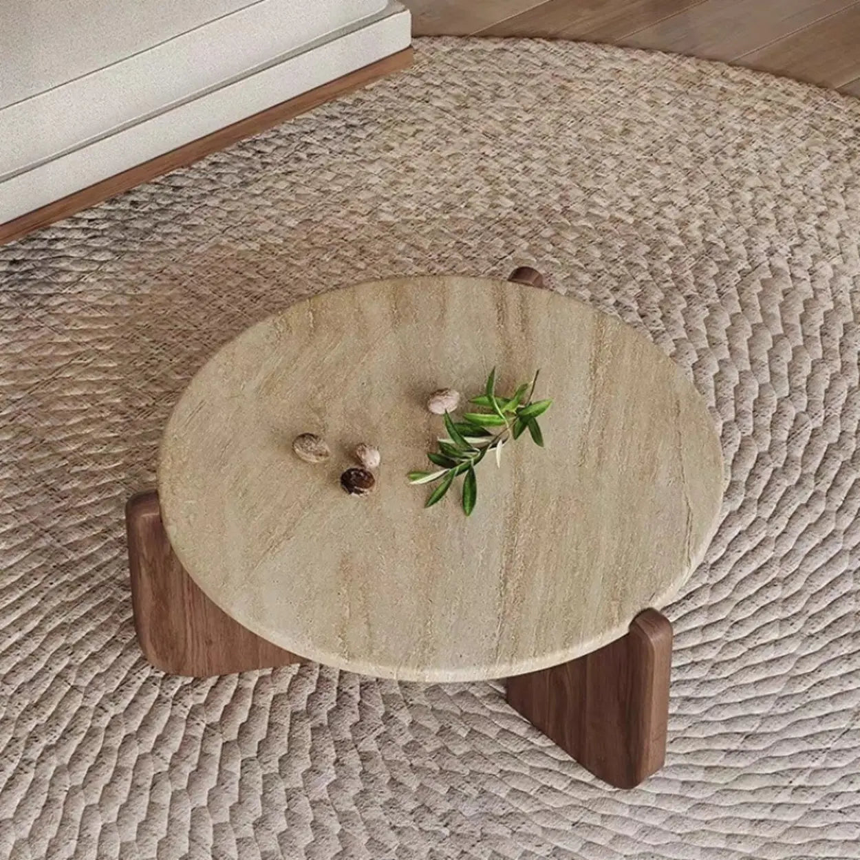 Rustic Small Round Travertine Coffee Table — Black