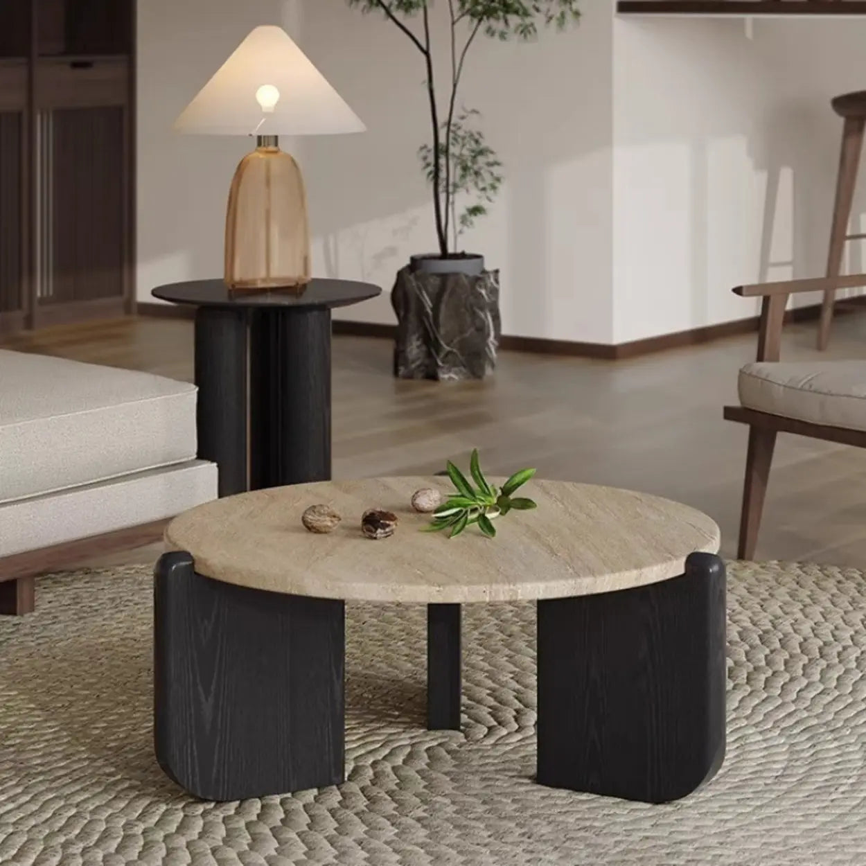 Rustic Small Round Travertine Coffee Table — Brown