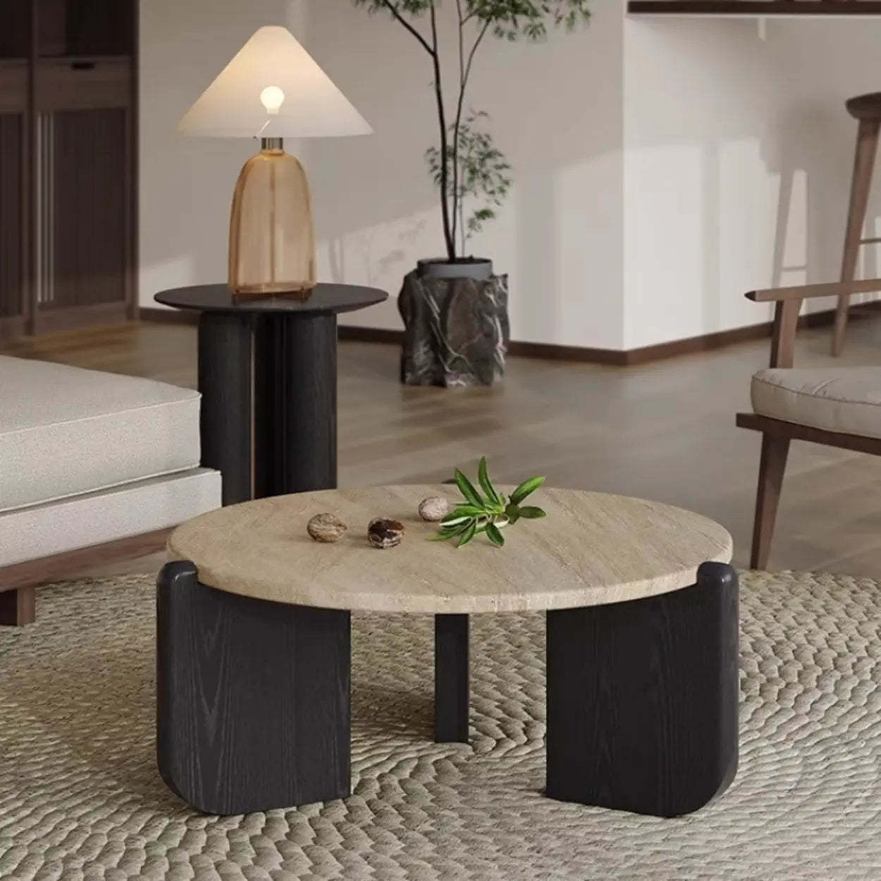 Rustic Small Round Travertine Coffee Table — Brown